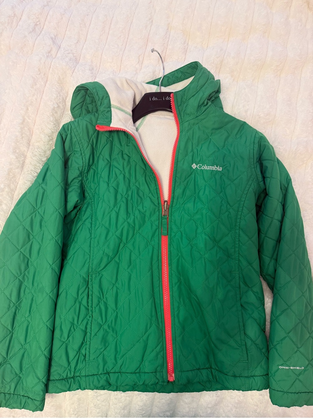 Columbia Green Quilted Kids Jacket with Pink Zip Trim